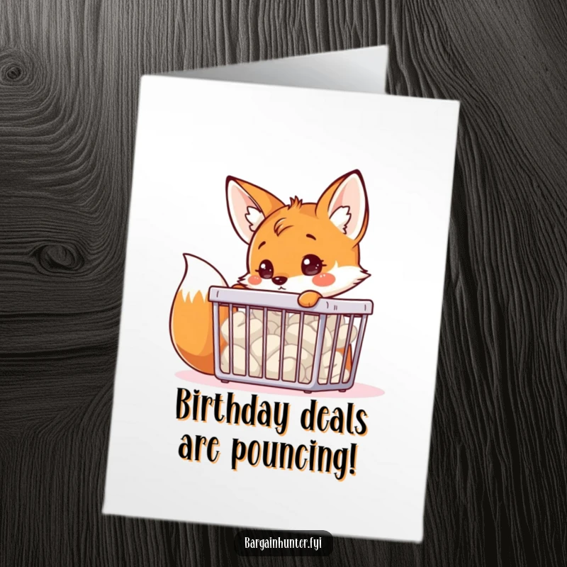 Funny Free Printable Birthday Card: A curious fox peeks into a bargain bin, searching for the perfect birthday humor.