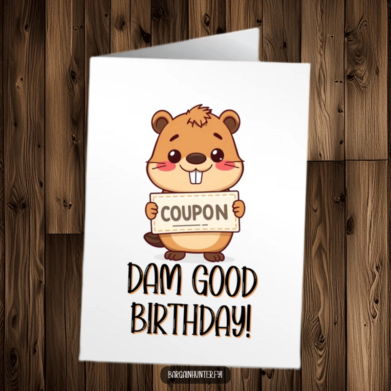 Funny Free Printable Birthday Card featuring a happy beaver holding a coupon with a grin, celebrating a birthday.