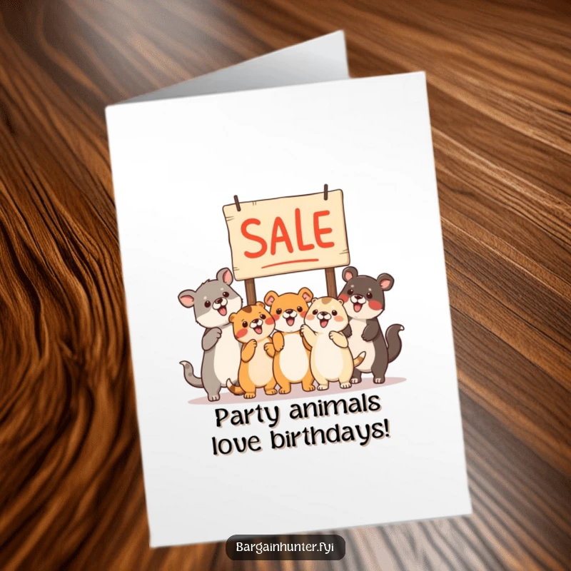 Funny Free Printable Birthday Card: Group of animals excitedly pointing at a sale sign, whimsical celebration, downloadable gift.