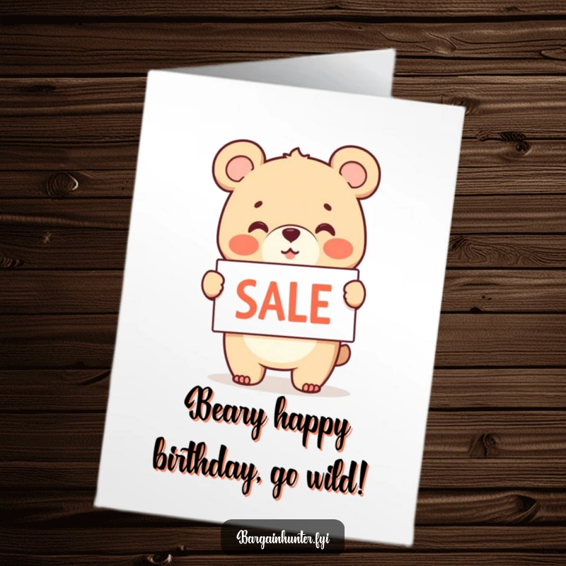Funny Free Printable Birthday Card: A cheerful bear cub waves a sale sign enthusiastically, a humorous downloadable greeting.