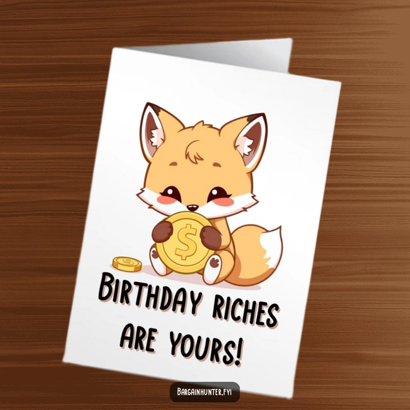 Funny Free Printable Birthday Card: A mischievous fox cub playfully hiding a shiny coin behind its back.