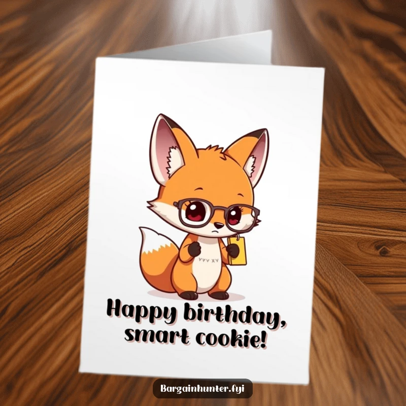 Funny Free Printable Birthday Card featuring a curious fox with spectacles, intently examining a price tag, seeking the best birthday deal.