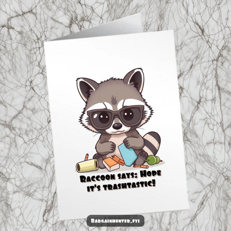 Funny Free Printable birthday card: curious raccoon with big glasses searching for gifts, adorable and humorous DIY option.