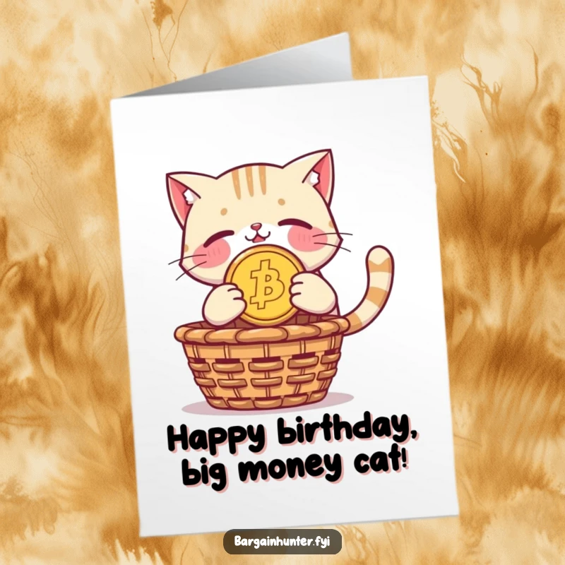 Funny Free Printable Birthday Card: A proud cat dives with a giant coin towards a basket.