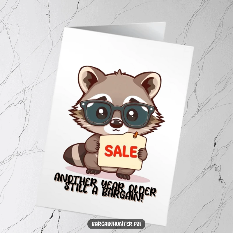 Funny Free Printable Birthday Card: Cute raccoon in spectacles peeking closely at a sale tag, celebrating with savvy joy.