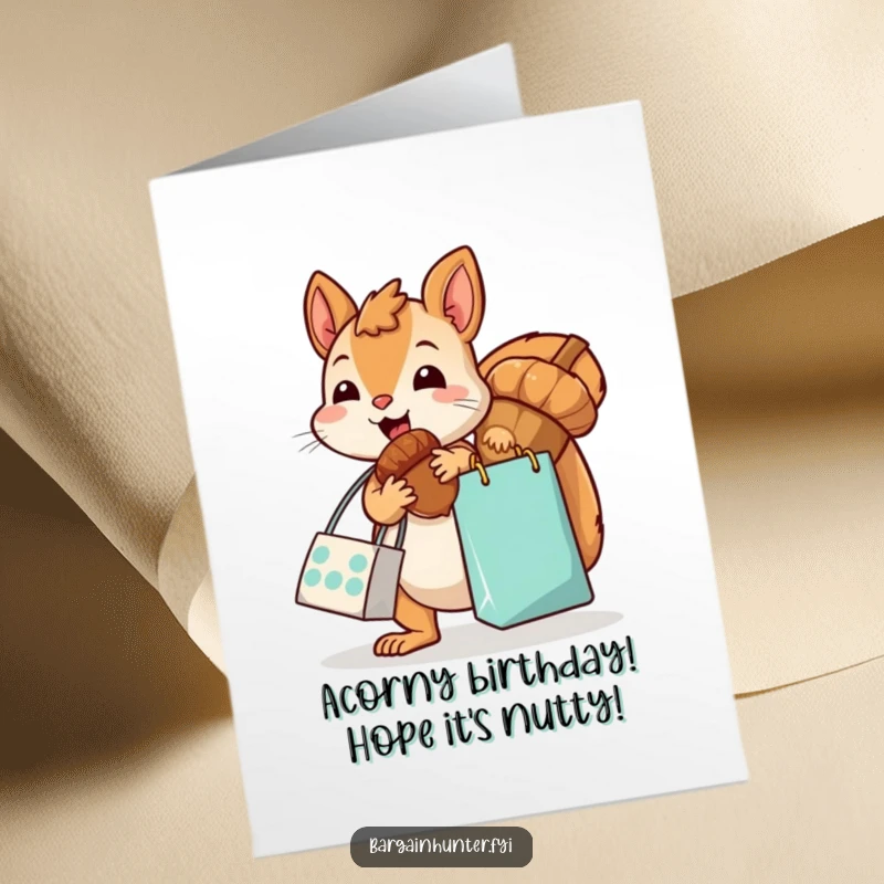 Funny Free Printable Birthday Card: Kawaii squirrel with a shopping bag, grabbing a giant acorn with birthday excitement.