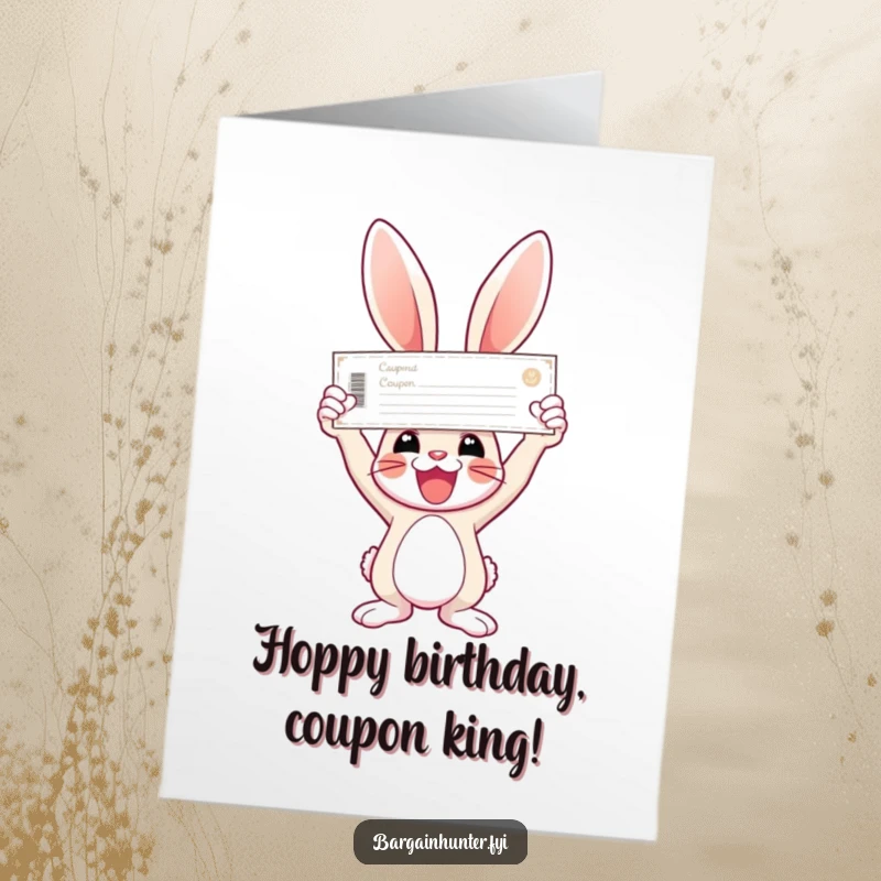 Funny Free Printable Birthday Card: Joyful bunny holds a giant coupon high in triumph, ready to save.