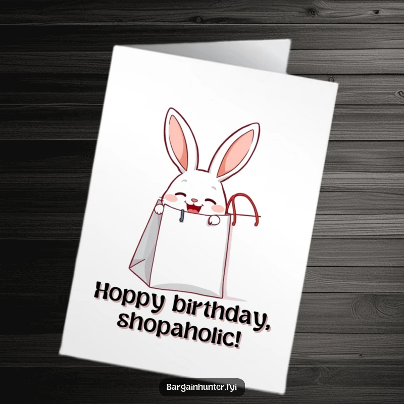 Funny Free Printable Birthday Card: A joyful rabbit peeks out of a giant shopping bag with excitement.