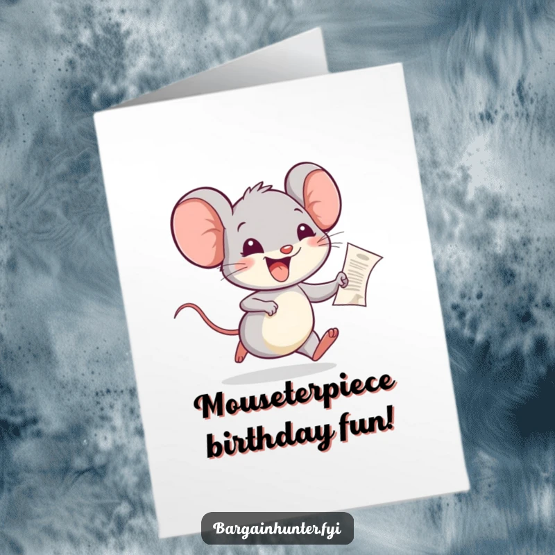 Funny free printable birthday card: A happy mouse sprints joyfully, clutching a tiny receipt, celebrating a great find.