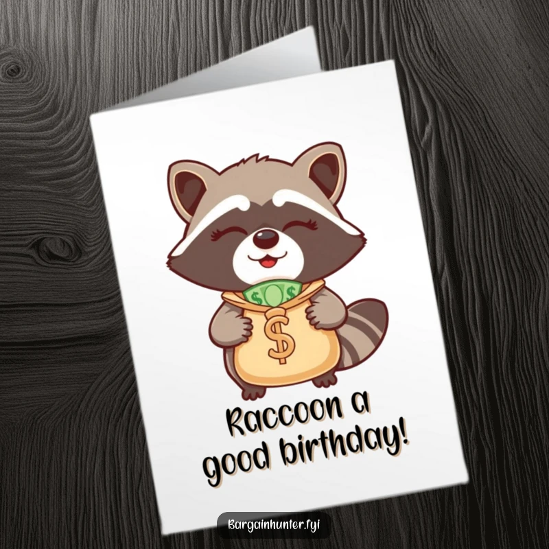 Funny free printable birthday card: Winking raccoon in a hat stuffed with cash, ready to celebrate a successful year.