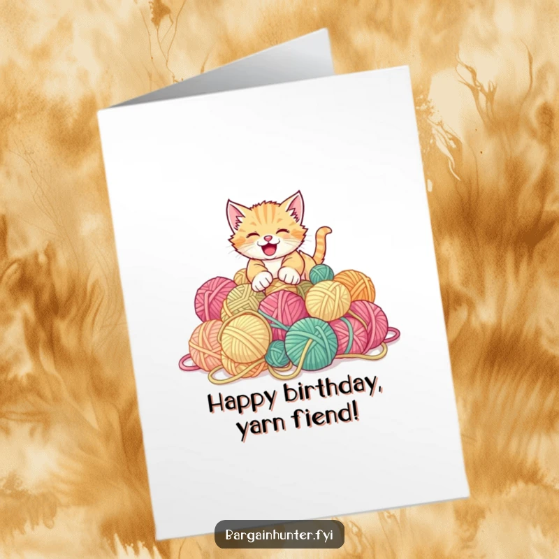 Funny Free Printable Birthday Card: Playful kitten dives into a huge pile of discounted yarn balls.