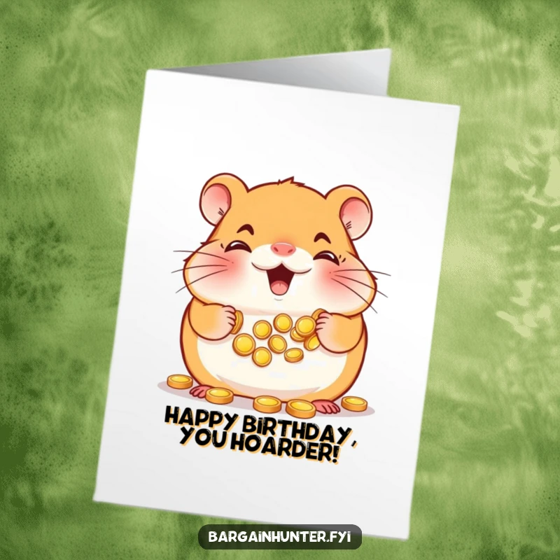 Funny Free Printable Birthday Card: Smiling hamster stuffing cheeks with tiny gold coins, celebrating abundance.