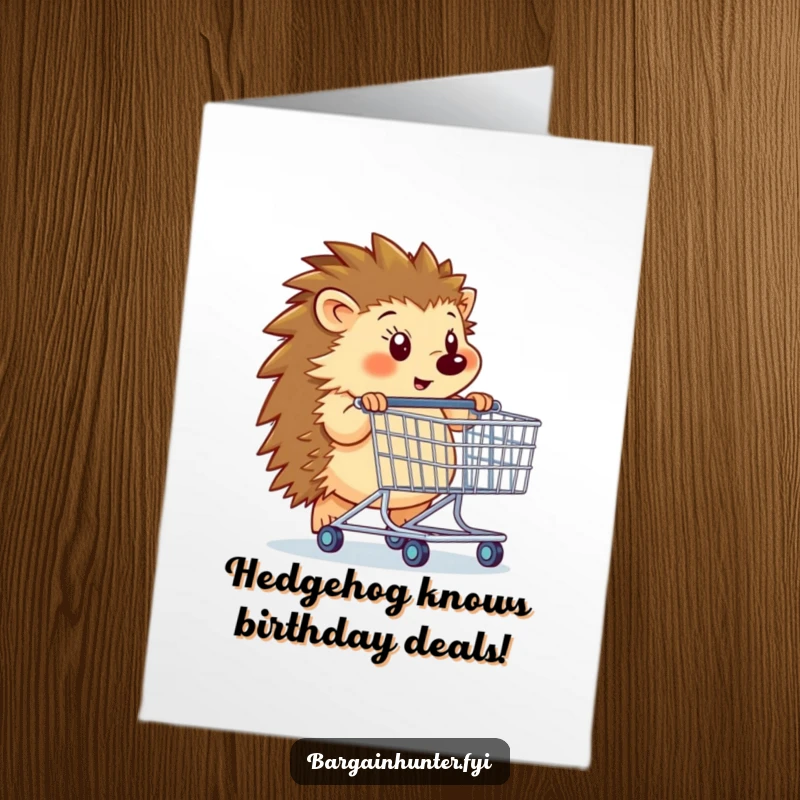 Funny Free Printable Birthday Card: Determined hedgehog with oversized shopping cart, ready for a shopping spree, humorous downloadable.