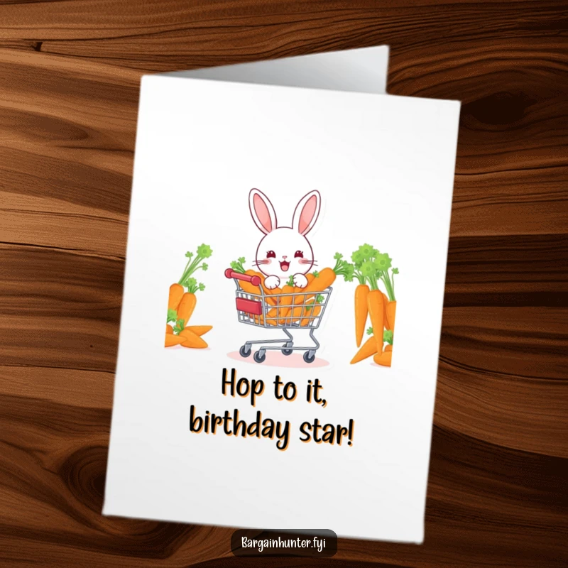 Funny Free Printable Birthday Card: A cheerful rabbit overloaded with carrots in a shopping cart, wishing you a bountiful birthday.