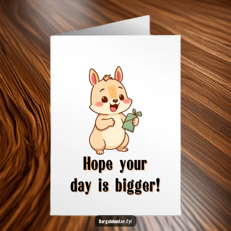 Funny Free Printable Birthday Card: A happy squirrel excitedly trades a small item for a larger, celebratory one.