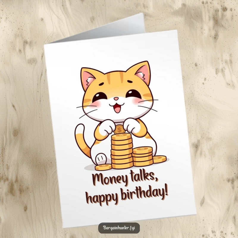Funny free printable birthday card, a cat happily counting money, expressing joy with a stack of coins.