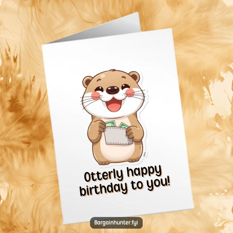 Funny Free Printable Birthday Card: A delighted otter proudly displays its pocket change, beaming with success.