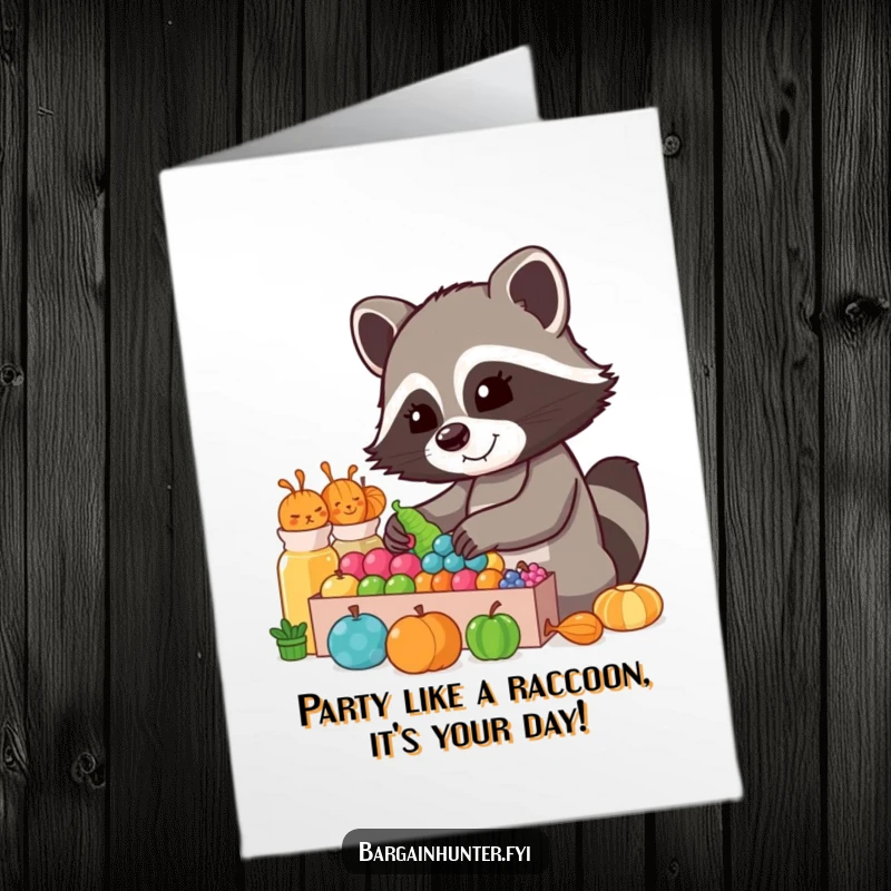 Funny Free Printable Birthday Card: A happy raccoon enthusiastically sorting through a vibrant and colorful display of items.