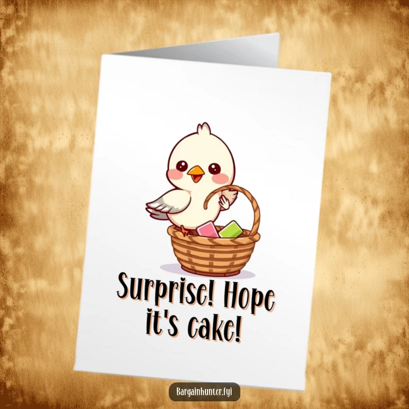 Funny Free Printable Birthday Card: A mischievous bird drops a small item stealthily into a basket, a humorous downloadable surprise.