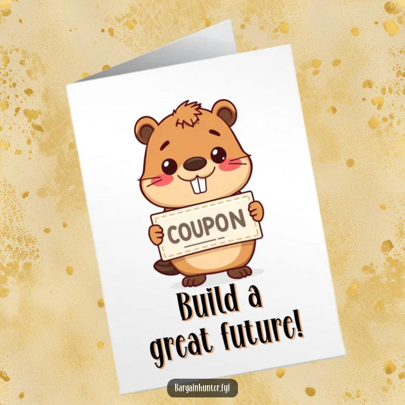 Funny Free Printable Congratulations Card showing a happy beaver holding a coupon with a grin, celebrating a win.