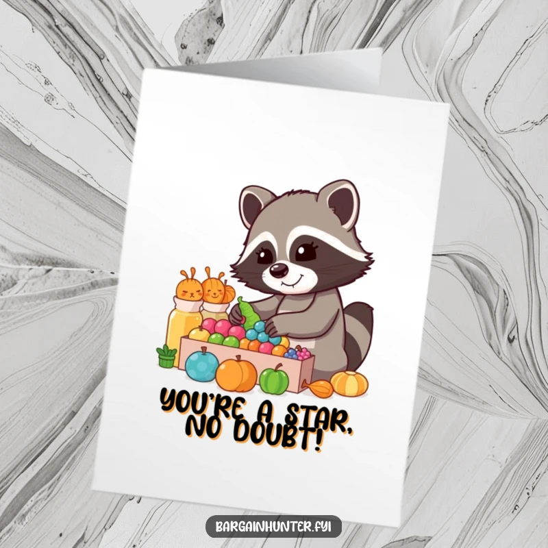 Funny Free Printable Congratulations Card: A gleeful raccoon meticulously sorting through a dazzling array of colorful objects.
