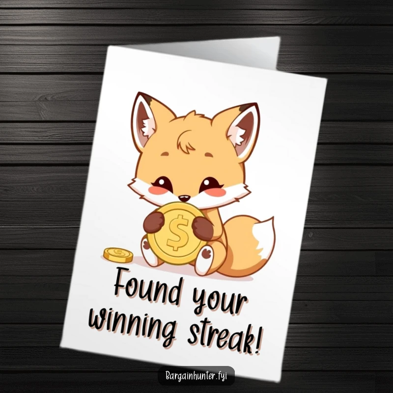 Funny Free Printable Congratulations Card: A mischievous fox cub playfully hiding a shiny coin, a symbol of reward.