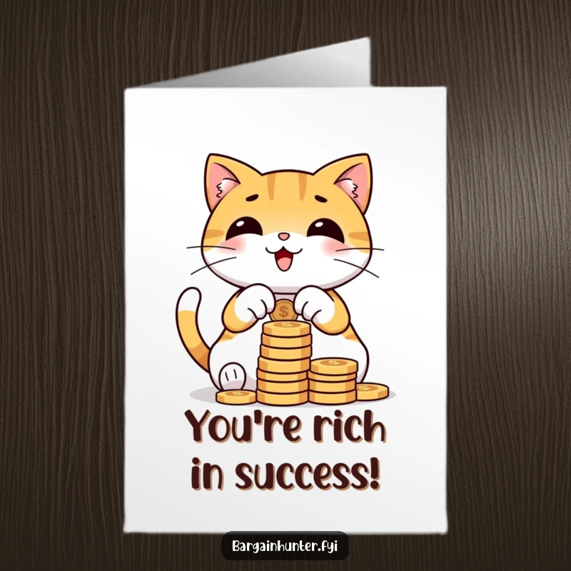 Funny free printable congratulations card, a cat gleefully counting coins, celebrating success with a playful vibe.