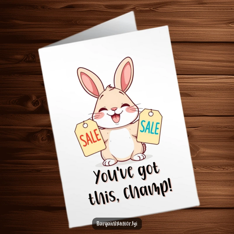 Funny Free Printable Congratulations Card: A rabbit joyfully compares sale tags, excited about great deals.