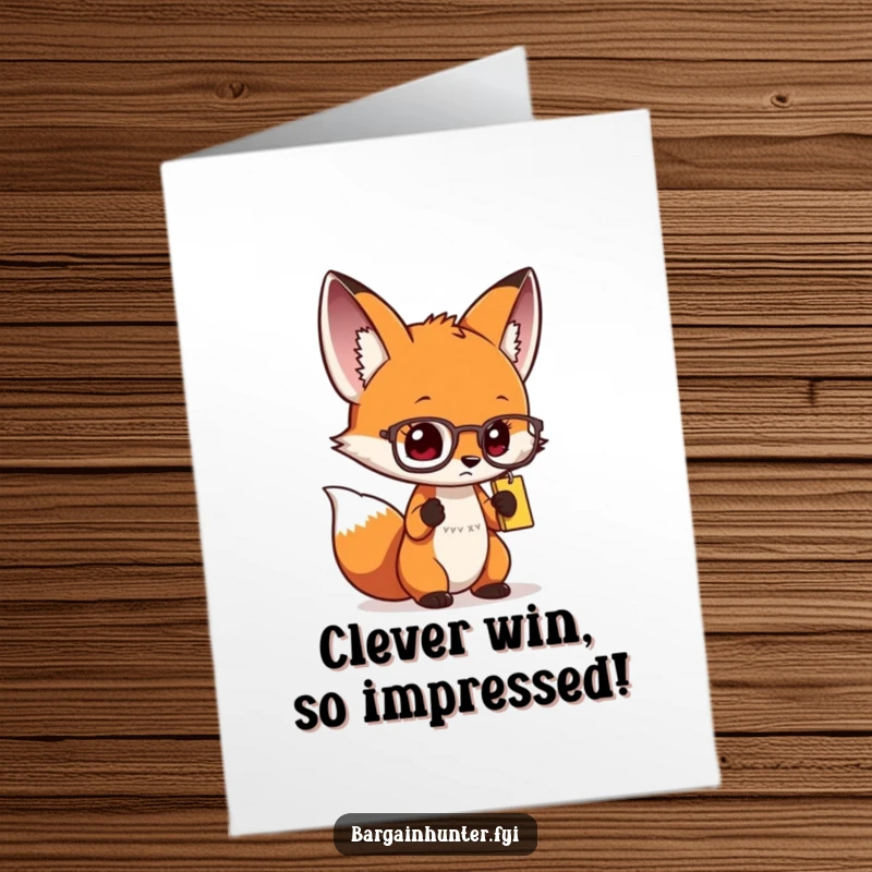 Funny Free Printable Congratulations Card showing a fox with spectacles, intensely focused on a price tag, celebrating a smart, successful deal.