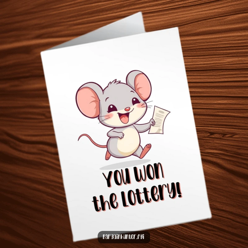 Funny free printable congratulations card: A gleeful mouse dashes with a small receipt, celebrating a fantastic accomplishment.