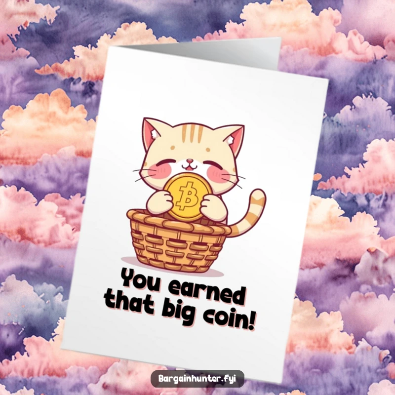 Free Printable Congratulations Card: A proud cat plunges towards a basket holding a huge coin.
