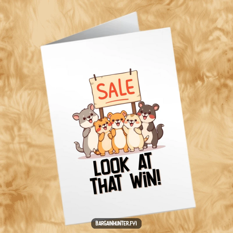 Funny Free Printable Congratulations Card: Animals pointing at sale sign, celebrating good fortune, humorous downloadable greeting.