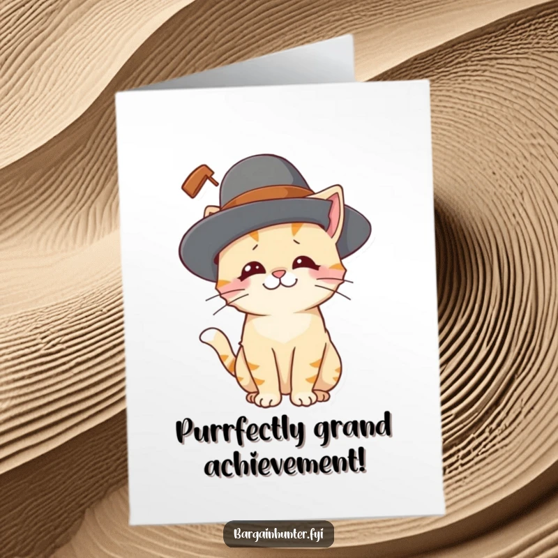 Funny Free Printable Congratulations Card: A cat character finds amusement in trying on a comically oversized hat.