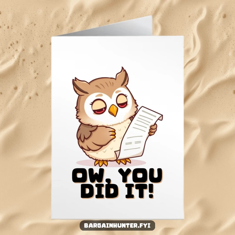 Funny Free Printable Congratulations Card: A wise owl character examining a shopping receipt with a knowing expression.