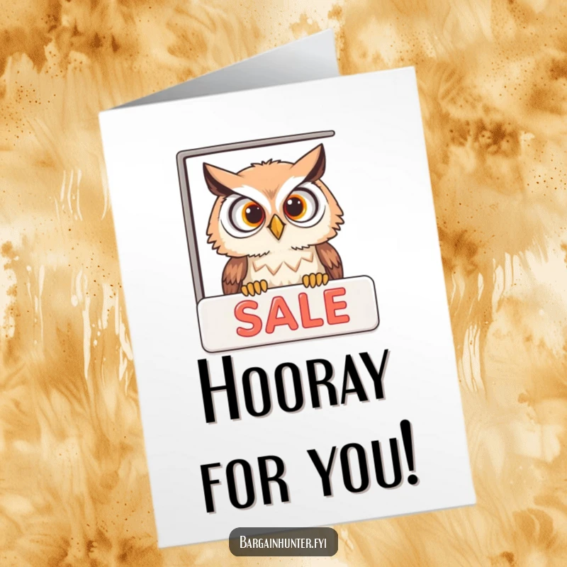 Funny Free Printable Congratulations Card showing a curious owl peeking into a sale ad, celebrating a smart win.