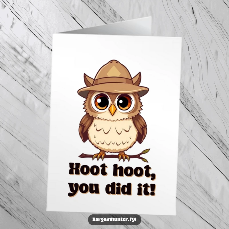 Funny Free Printable Congratulations Card: Owl in Bargain Hat Finding a Great Deal.