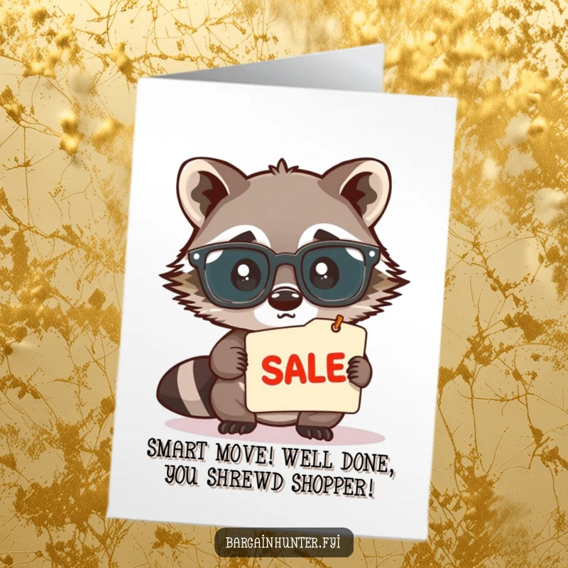 Funny Free Printable Congrats Card: Raccoon wearing large spectacles, peering intently at a sale tag, symbolizing smart success.