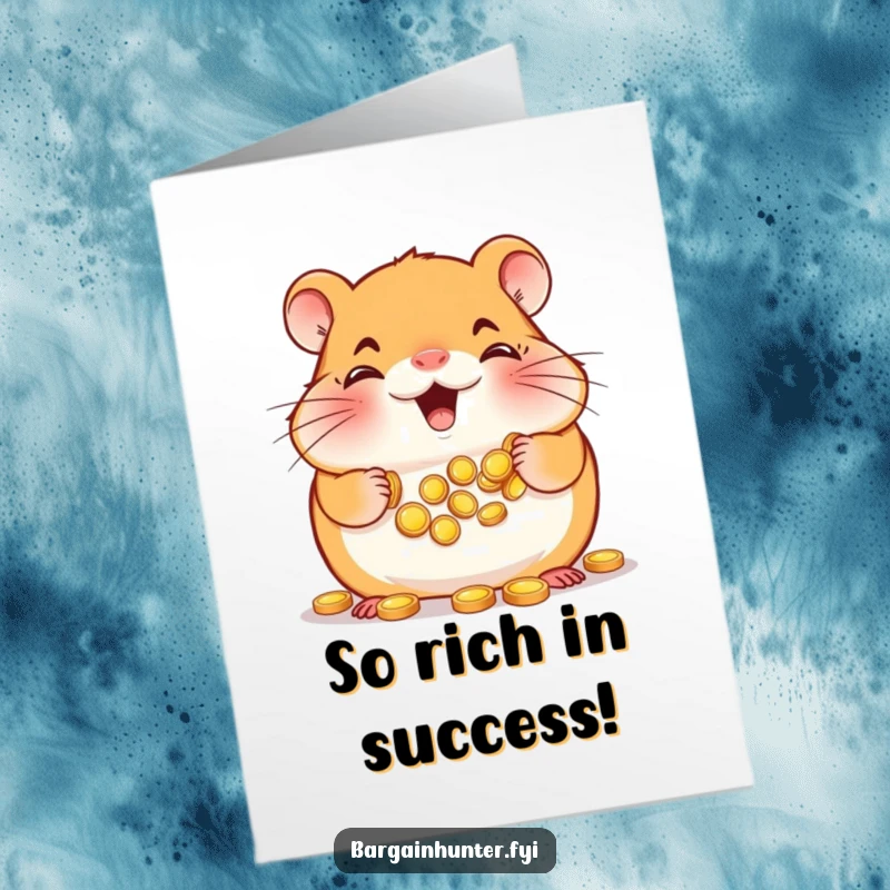 Funny Free Printable Congratulations Card: Smiling hamster hoarding gold coins, celebrating a financial win.