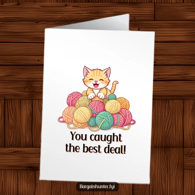 Funny Free Printable Congratulations Card: Playful kitten happily pounces on a mountain of discounted yarn.