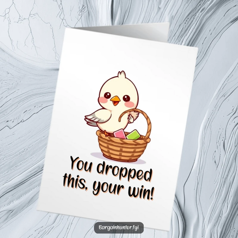 Funny Free Printable Congratulations Card: A mischievous bird discreetly drops a small item into a waiting basket, a humorous download.