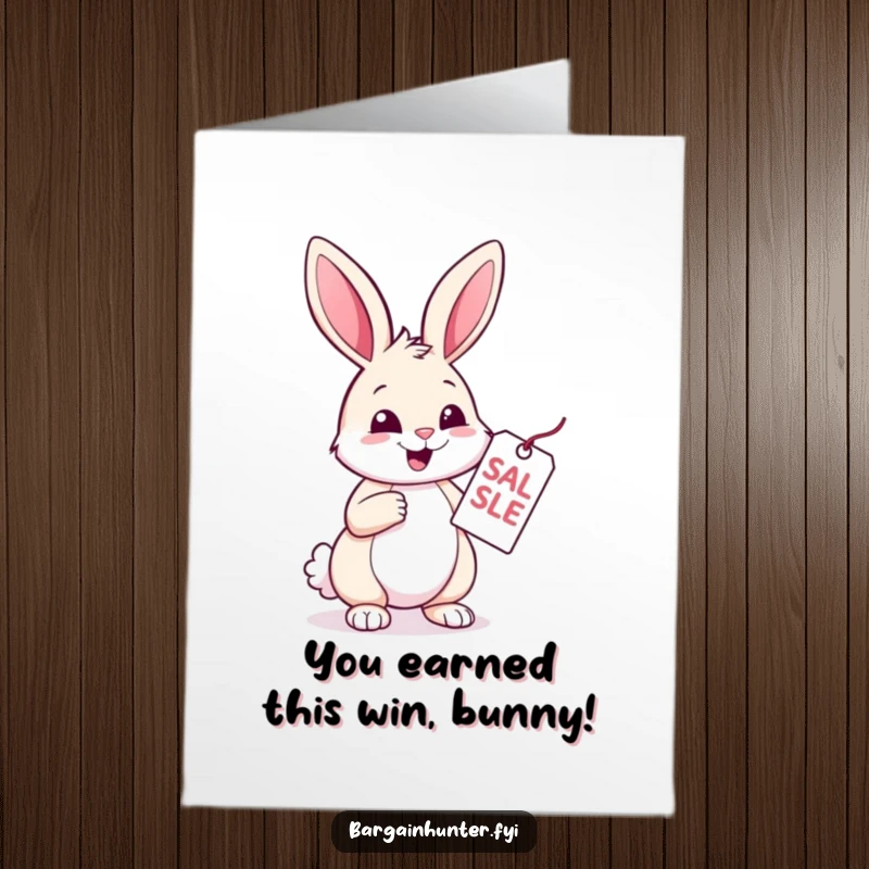 Funny Free Printable Congratulations Card: A happy rabbit beams as it examines a sale tag with excitement.
