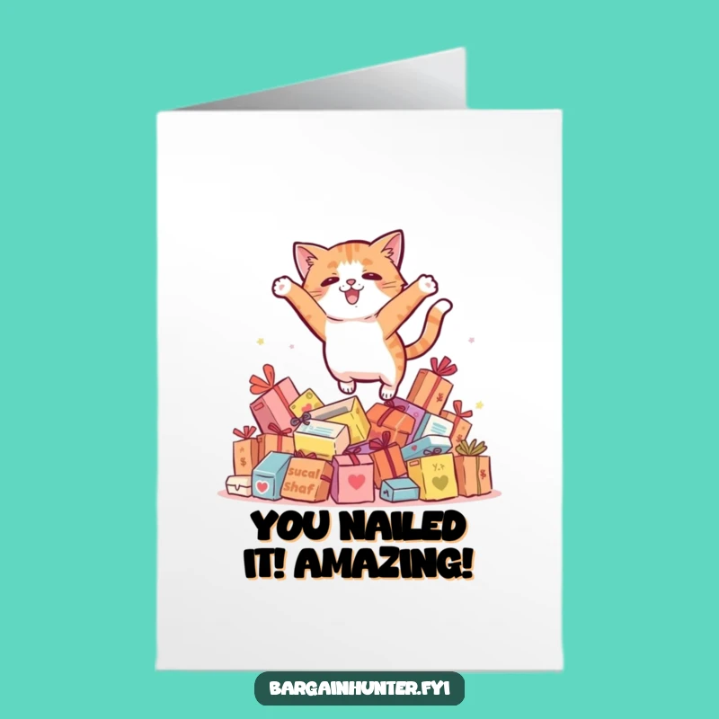 Free Printable Congrats Card: Shopping Spree Cat - Funny Downloadable Gift for Wins