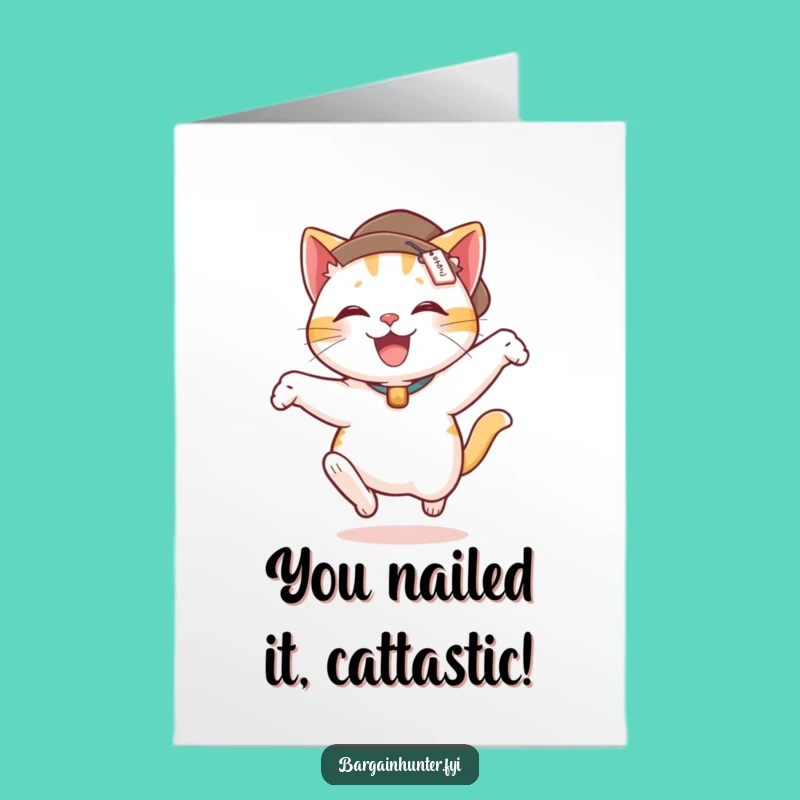Free Printable Congrats Card: Excited Cat Price Tag Leap, Humorous Downloadable Celebration