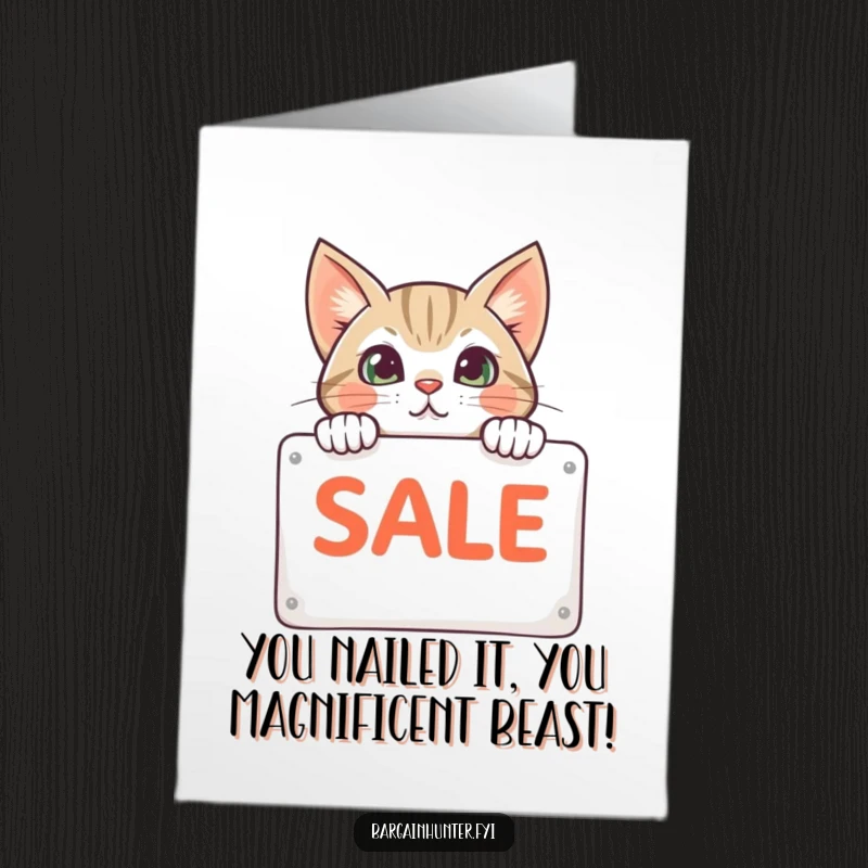 Funny Free Printable Congratulations Card: A curious cat peeking from behind a sale sign, celebrating your success with a wink.