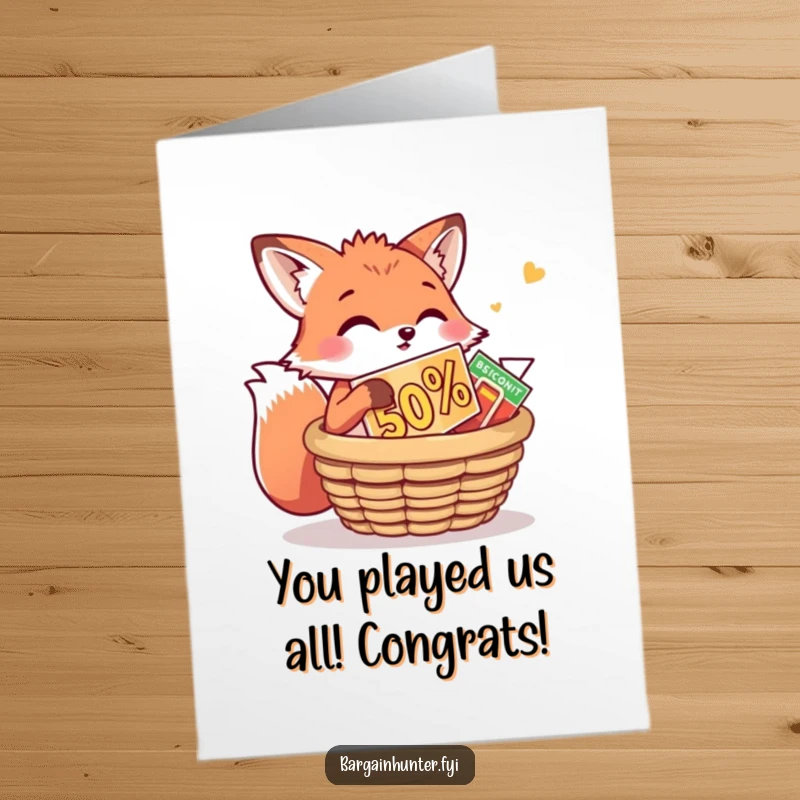 Funny Free Printable Congratulations Card: A playful fox happily stuffs a large discount tag into a shopping basket.