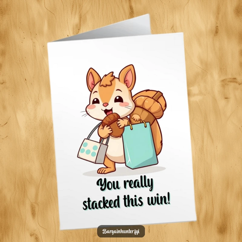 Funny Free Printable Congrats Card: Kawaii squirrel with a shopping bag, excitedly grabbing a huge acorn, celebrating a big win.
