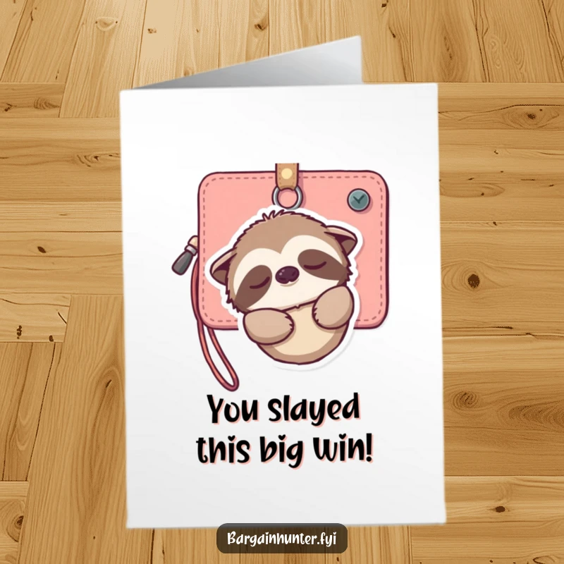 Funny Free Printable Congratulations Card: A sleepy sloth hanging from a wallet, smiling gently, congratulating with ease.