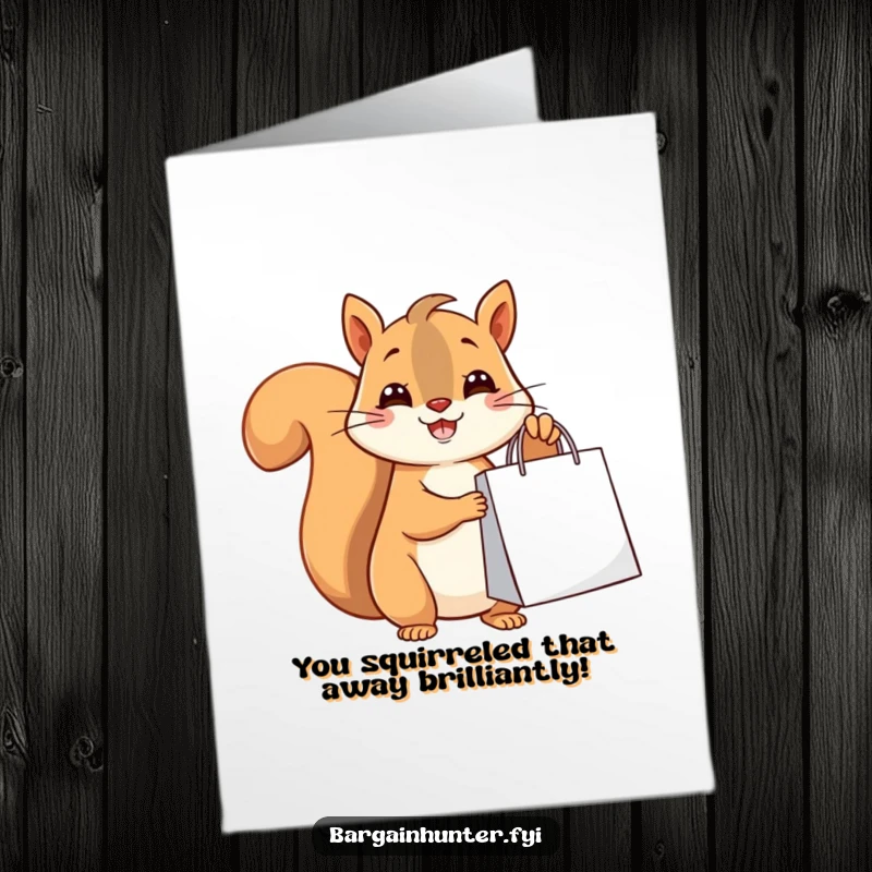 Funny Free Printable Congratulations Card: Happy squirrel holds a shopping bag, celebrating good news.