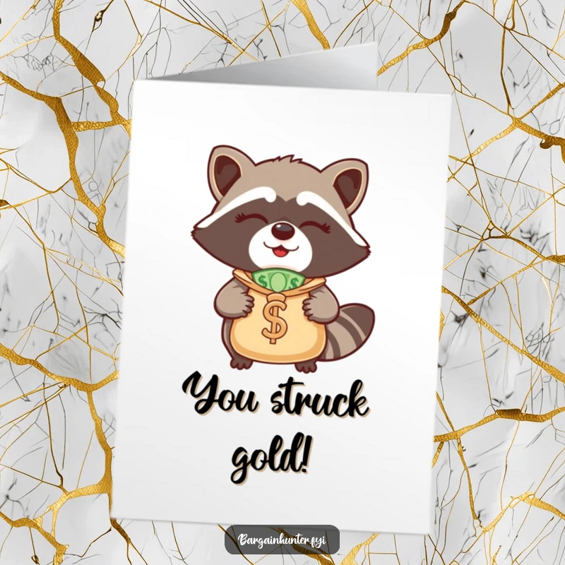 Funny free printable congratulations card: A winking raccoon holding a big money bag, celebrating prosperity and success.