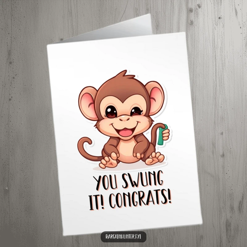Funny Free Printable Congratulations Card: Cheeky monkey intensely reaching for a bargain, celebrating a big win.